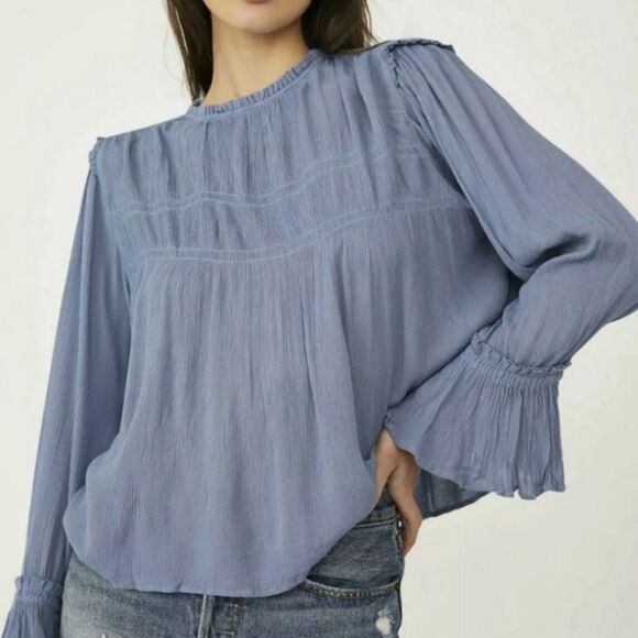 Free people Kelsey Peasant Blouse Blue Metal Bell sleeves Cottagecore Fairycore - Picture 1 of 12